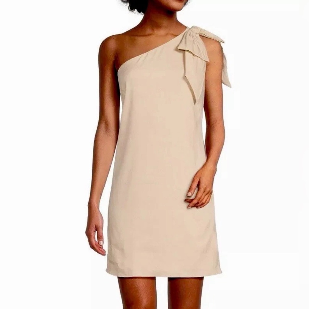 Antonio Melani 12 Khaki Tan Linen One Shoulder Shift Dress Bow Detail Lined EUC